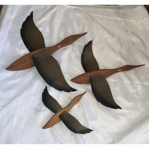 Vintage MCM Masketeers Modern Brass Wood Flying Geese Ducks Birds Set of‎ 3